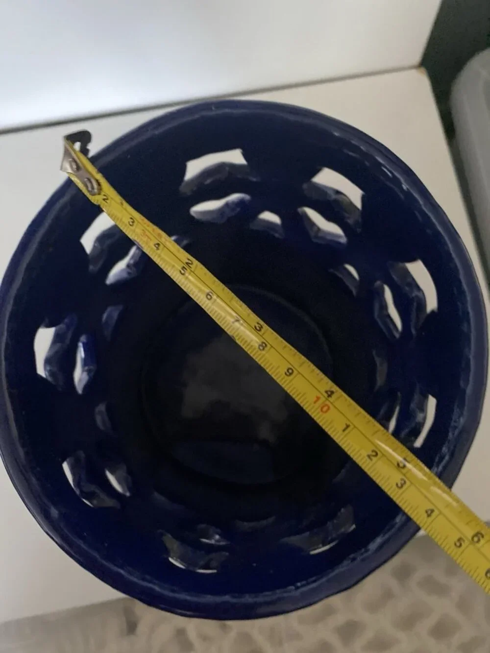 Vtg Signed Studio Pottery Cobalt Kitchen Utensil Holder Cutout Children Hearts